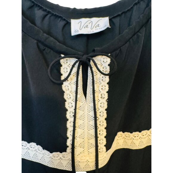 2/$30 VaVa Medium Boho Black & Ivory Tunic Mini Dress Lace Trim Bell Sleeves - Picture 5 of 16